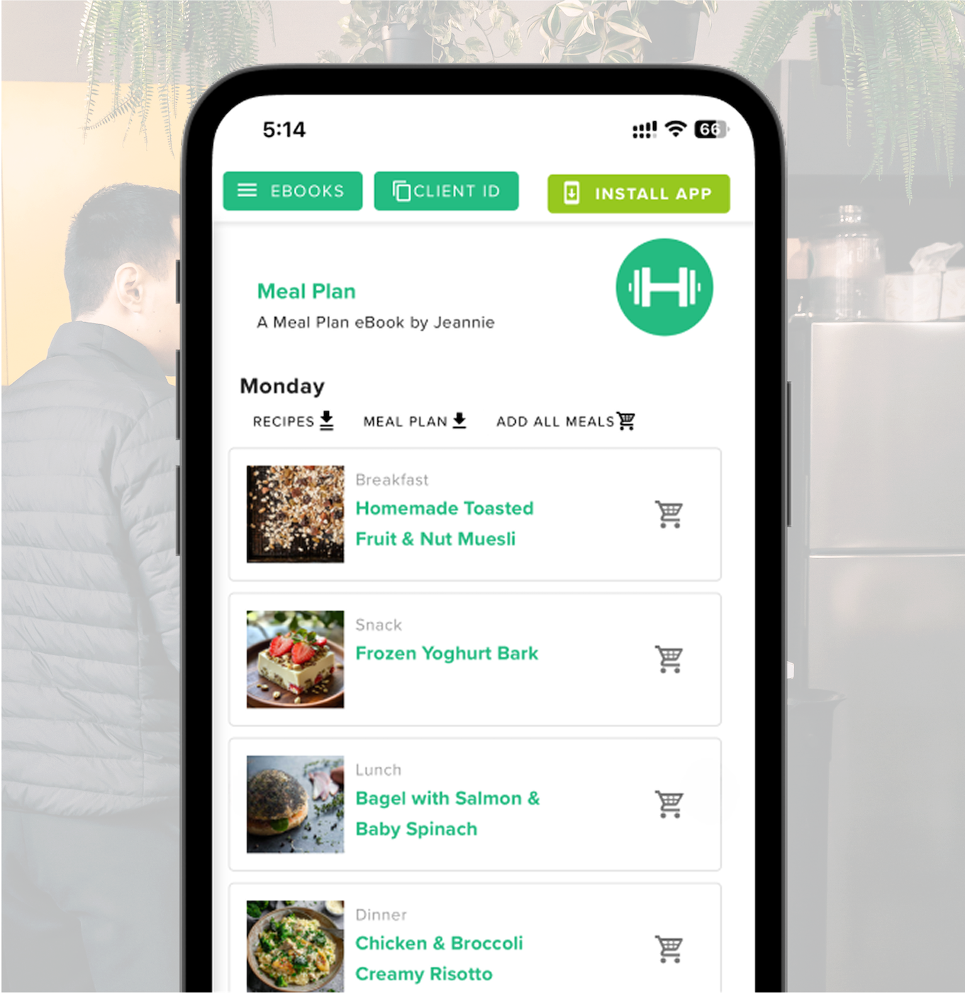 Mobile screen showing grocery list tool for meal planning as part of Habitat Gym’s Nutrition+ app
